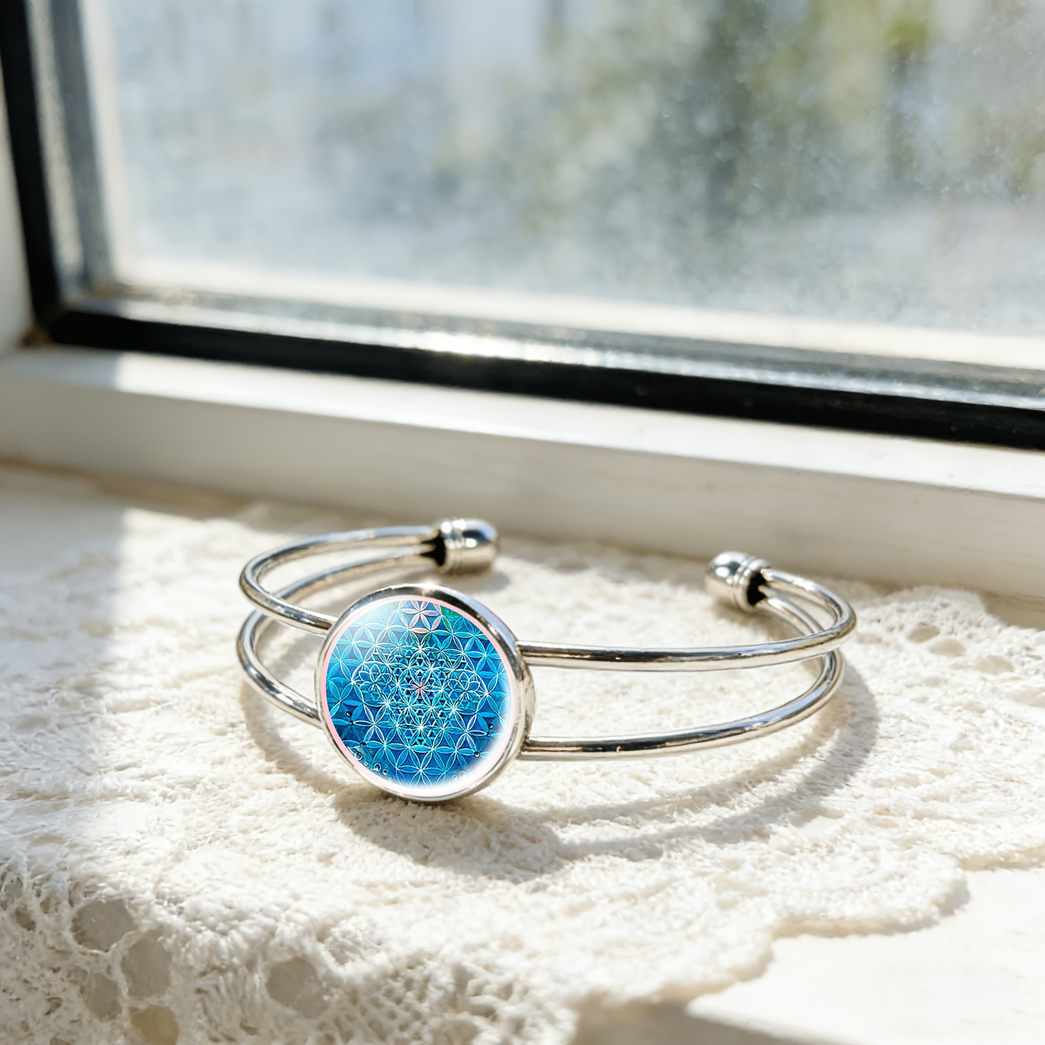 Women's Adjustable Open Bangle with Round Time Gemstone Inlay, Geometric Design
